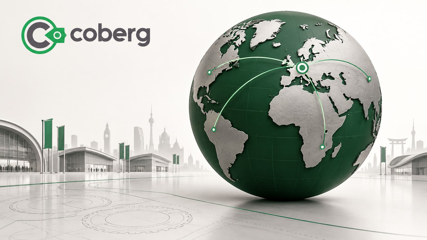 A globe in COBERG colours and exhibition pavilions — an illustration of export development and international cooperation